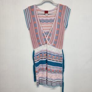 Vintage Y2K Striped Knit Dress Size L Multicolor Surplice Deep V Tie Waist Retro